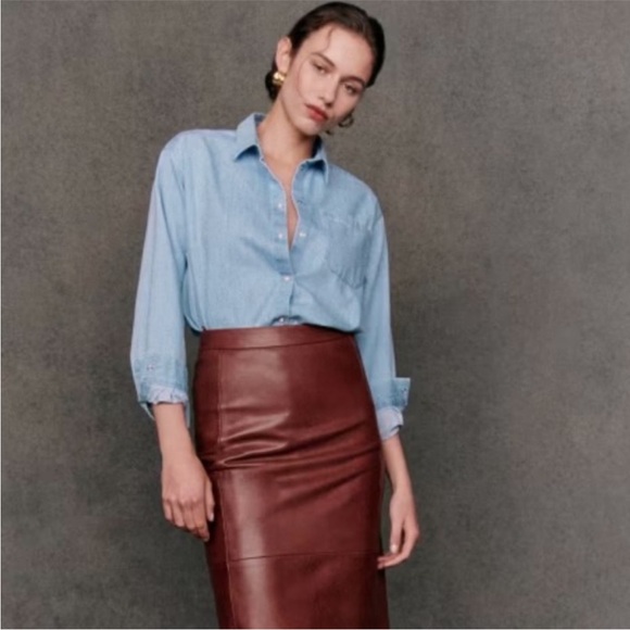 Sezane Light Denim Max Snap Button Chest Pocket Shirt Womens Size 32 US 0 XXS - Picture 2 of 16